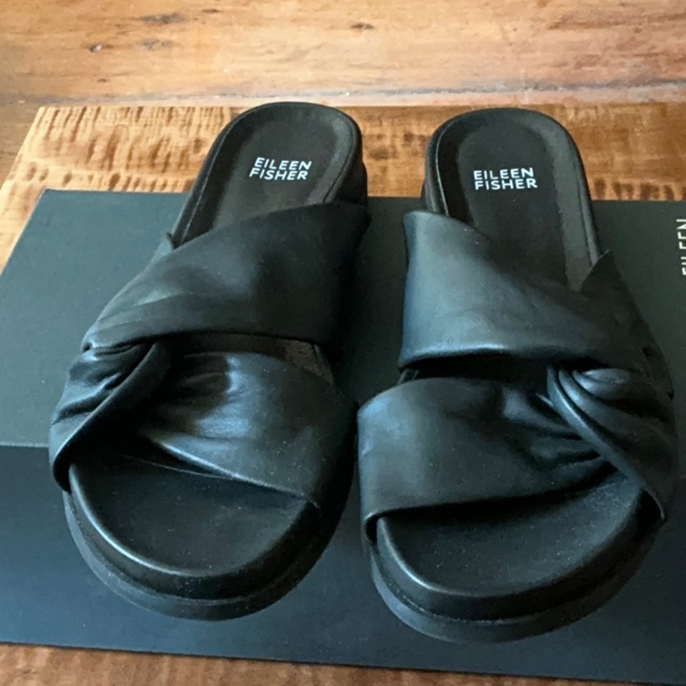 Eileen Fisher Black Sandals Dello Nappa leather twist wedge size 7.5 worn once